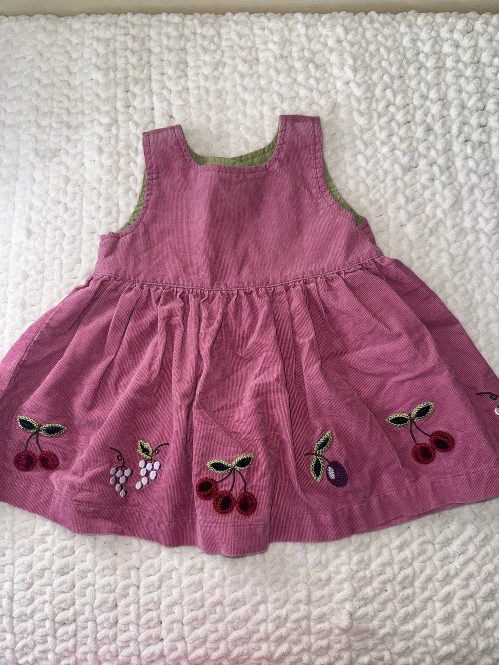 Girls Pink Cherry Embroidered Corduroy Dress